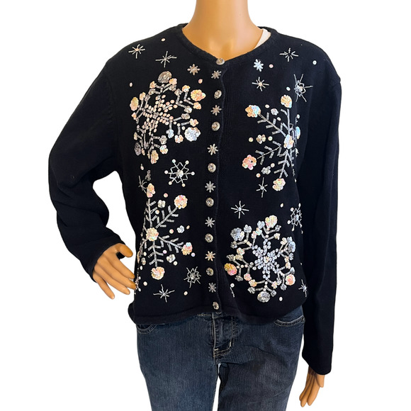 Vintage 2004 Black Snowflake Sequins Cardigan Size M/L - Picture 1 of 6